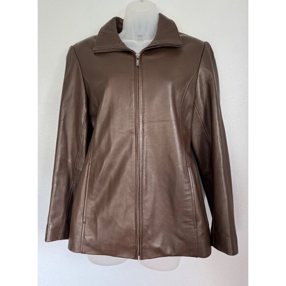 Portrait Jackets & Blazers - Portrait Petite Medium Brown Leather Jacket Zip Front Lined Pockets NEW Office